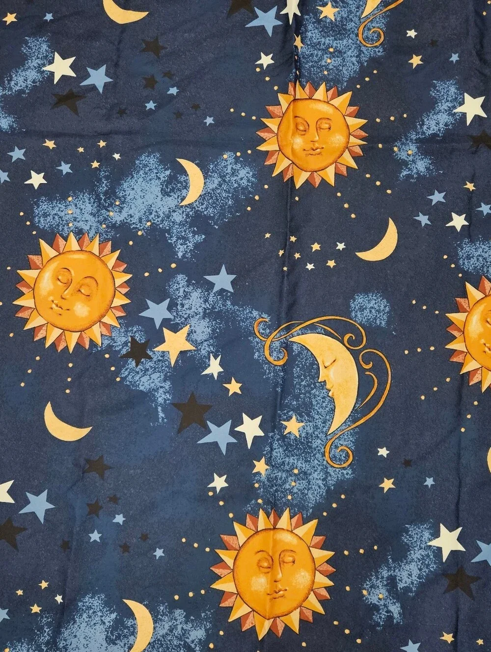 VTG 90s Celestial Sun Moon & Stars Shower Curtain Midnight Blue Gold Boho Taiwan